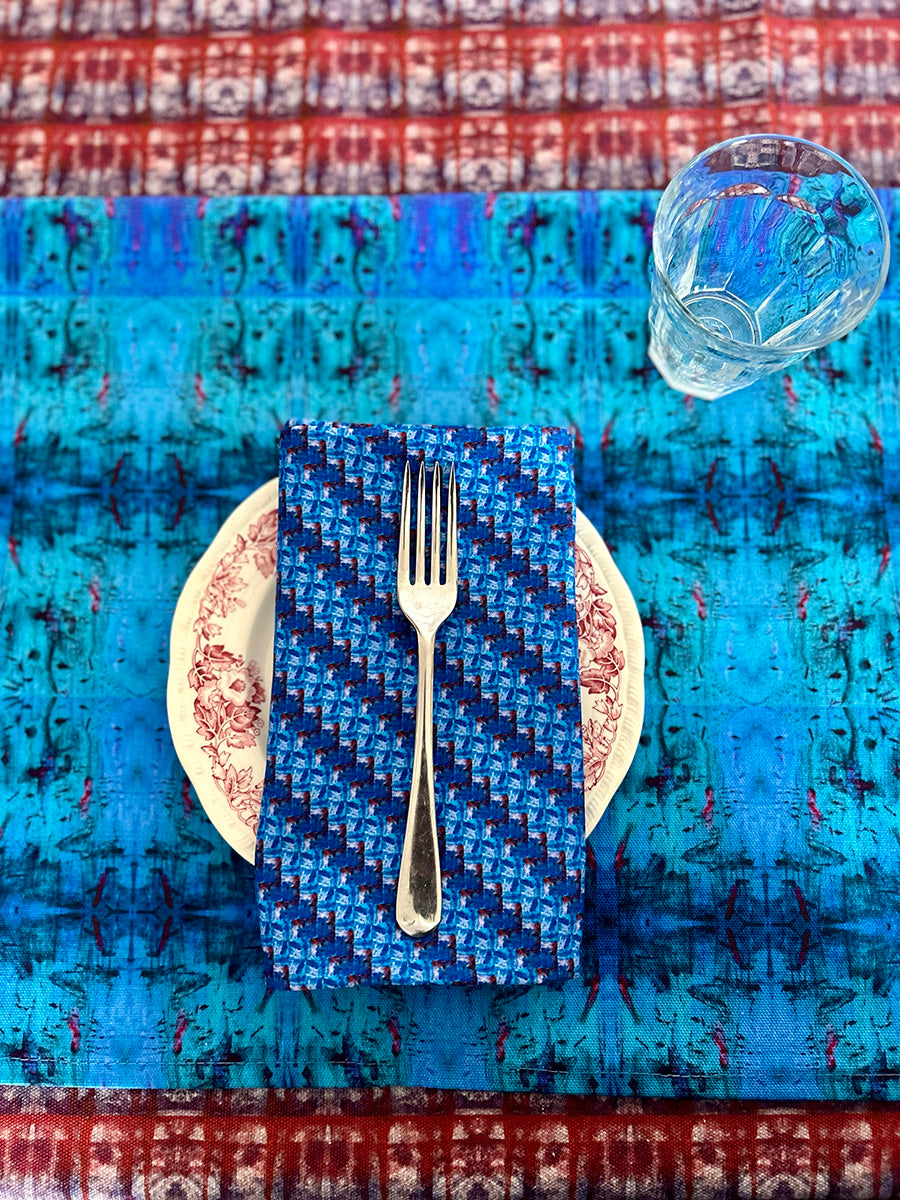 Artist-designed Red Key Dining Napkins, digitally printed on soft, washable cotton. Timeless and premium quality for elegant and everyday use.