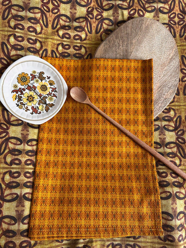 Sun's Ladder Tea Towel in yellow and orange, a premium, sustainable design digitally printed on quality cotton. Timeless elegance with vibrant colors.