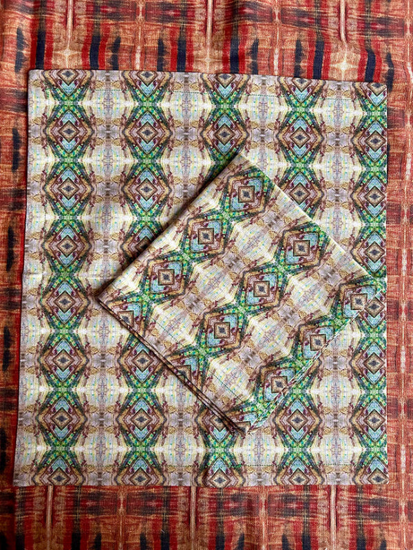 Pair of The Eyes and I Napkins in a cotton-linen blend, featuring soft muted tones in cream, beige, and green. Sustainable and premium for timeless dining.