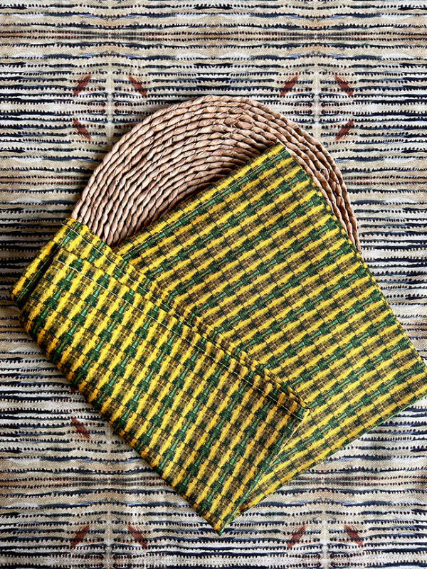 Ladder Walking Tea Towel in green and yellow, artist-designed with vibrant colours, crafted from 100% organically sourced cotton for sustainable luxury.